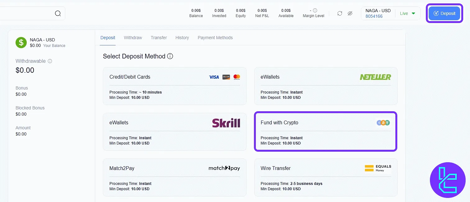 NAGA dashboard with crypto funding options to transfer Bitcoin
