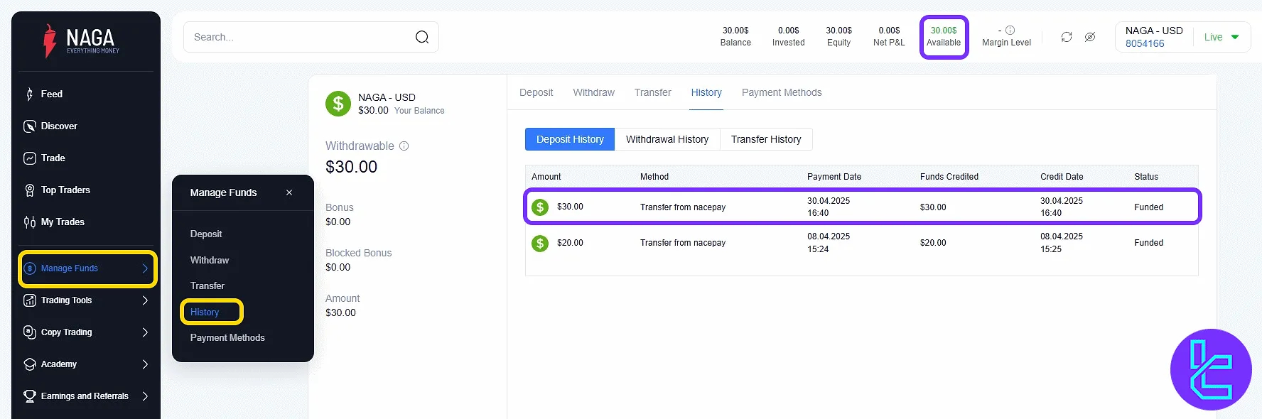 NAGA account balance and transaction record showing completed BTC payment