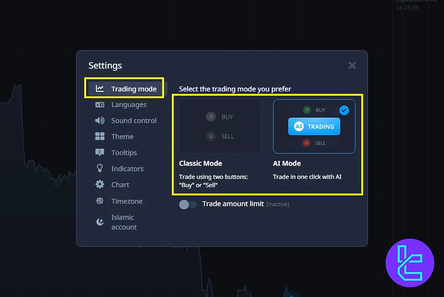 Pocket Option trading panel classic and AI trading modes