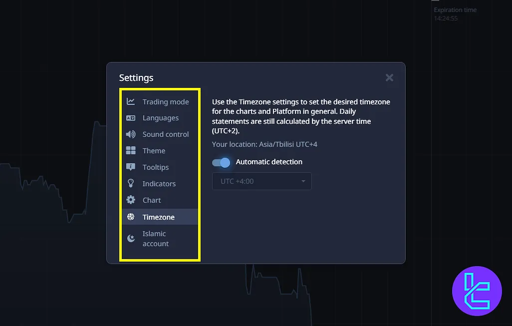 Pocket Option trading workspace language, theme, and time zone settings