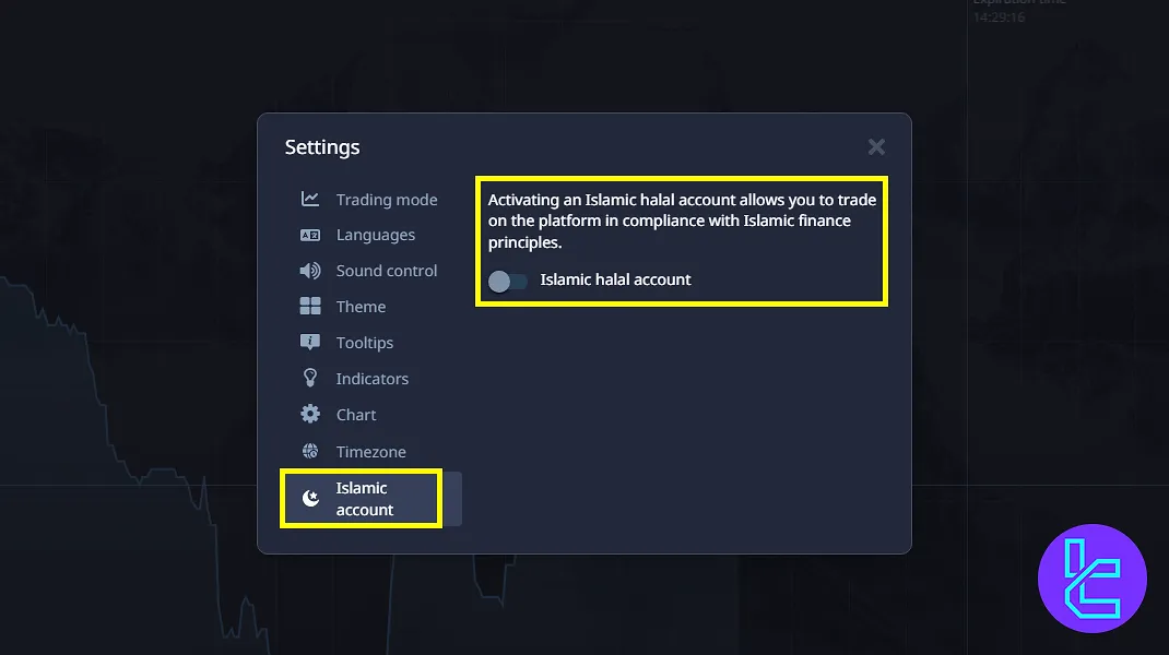 Pocket Option trading workspace, halal Islamic account setting