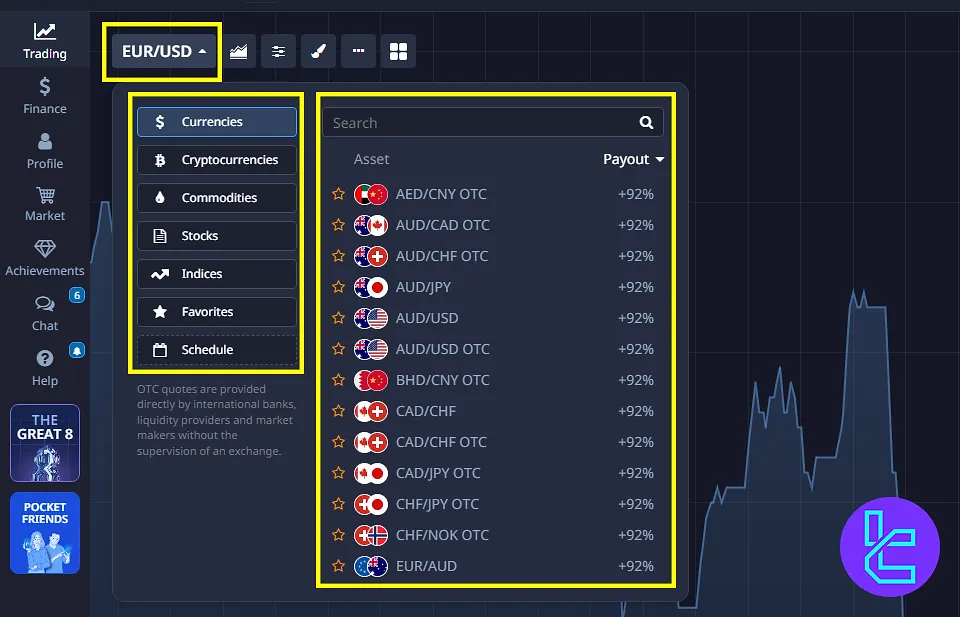 Pocket Option trade panel forex and OTC symbol selection