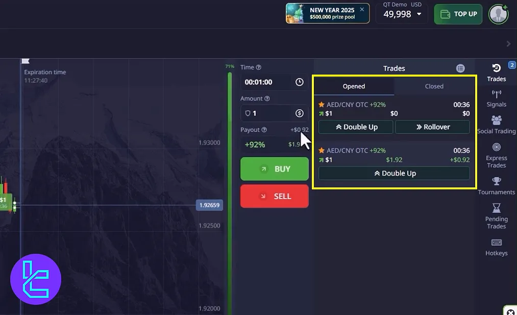 Pocket Option trading panel trade monitoring and rollover
