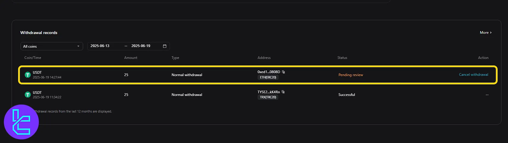 Viewing USDT ERC20 cash-out history in Bitget