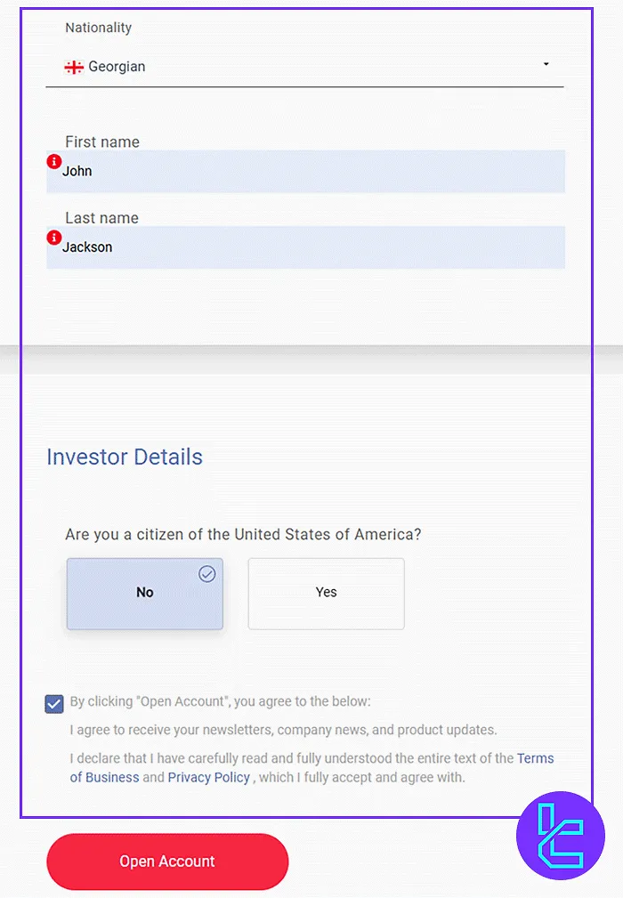 Personal and Investor Details for Registration in FXCess