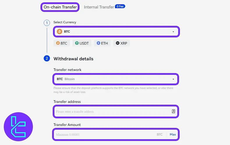 Filling BTC payout request on Toobit