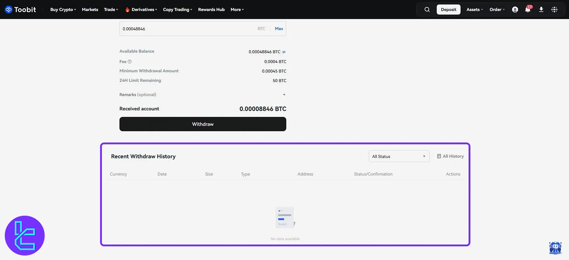 Checking payout logs in Toobit BTC history panel