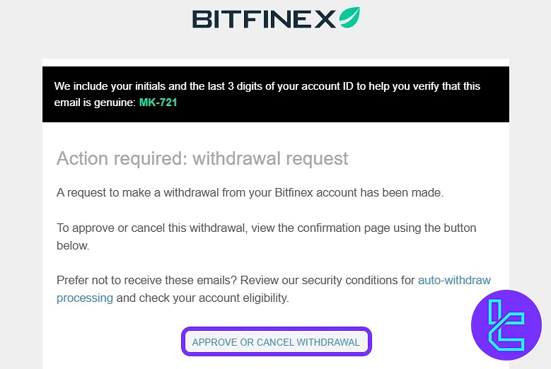Email-based confirmation step for the Bitfinex USDT ERC20 cash-out