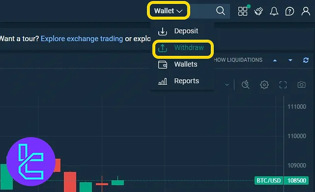 Bitfinex dashboard with the Wallet menu open and cash-out option highlighted