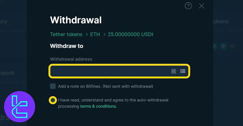 Entering ERC20 wallet address for Bitfinex USDT cash-out