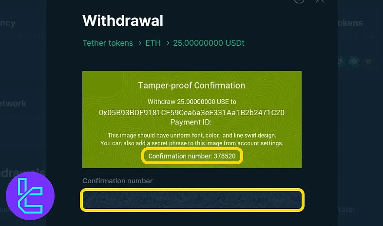 Entering the on-screen confirmation number for the Bitfinex USDT cash-out