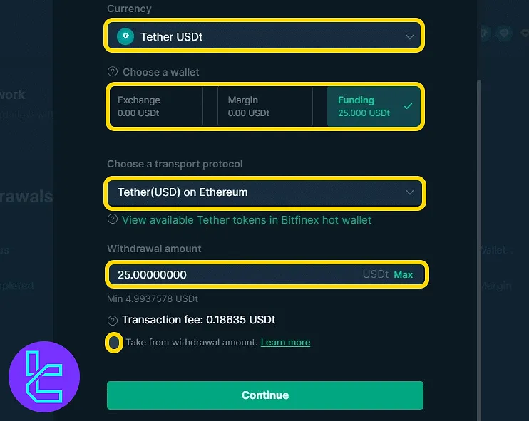 Bitfinex ERC20 USDT form for initiating a cash-out