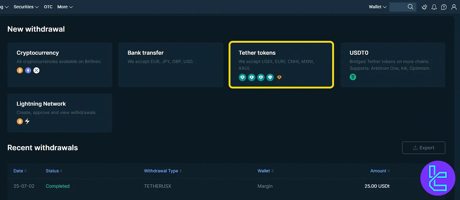 Choosing the Tether tokens method for USDT ERC20 cash-out on Bitfinex