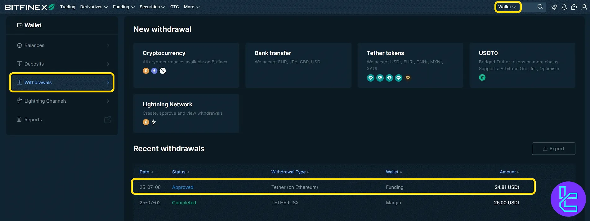 Bitfinex wallet cash-out history with status of ERC20 transaction