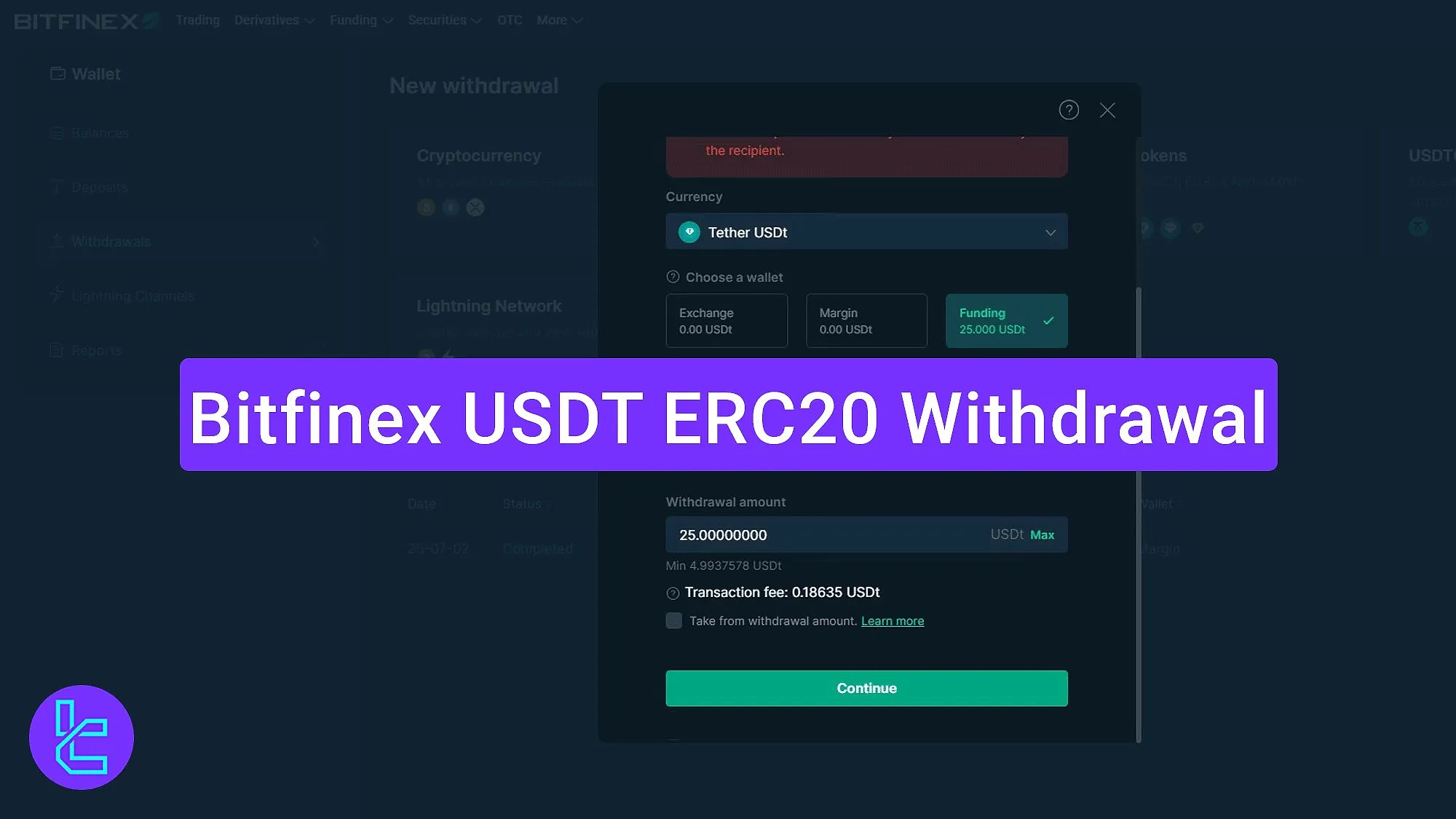 Bitfinex USDT ERC20 Withdrawal 2026 - 0.18 USDT Fee