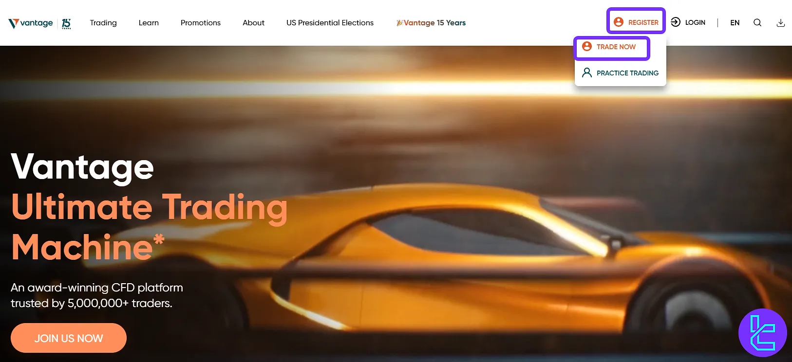 Vantage Markets sign up button