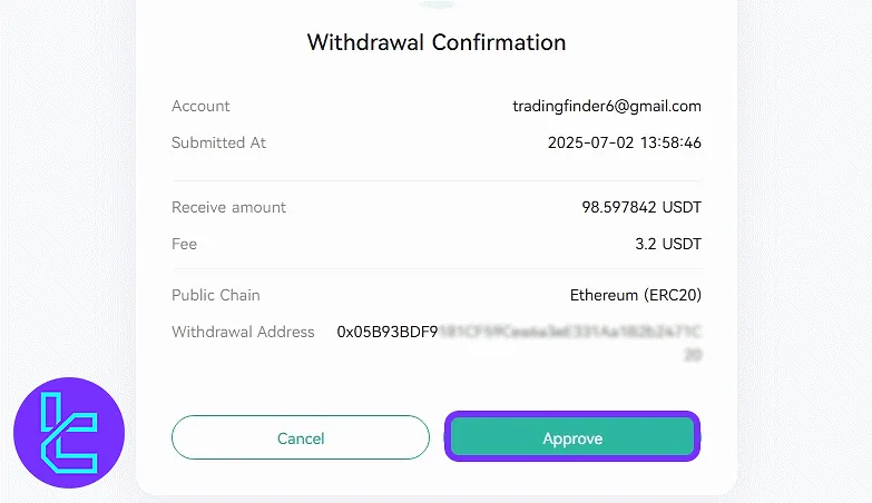 CoinEx platform confirmation screen with approve button in the ERC20 cash-out process