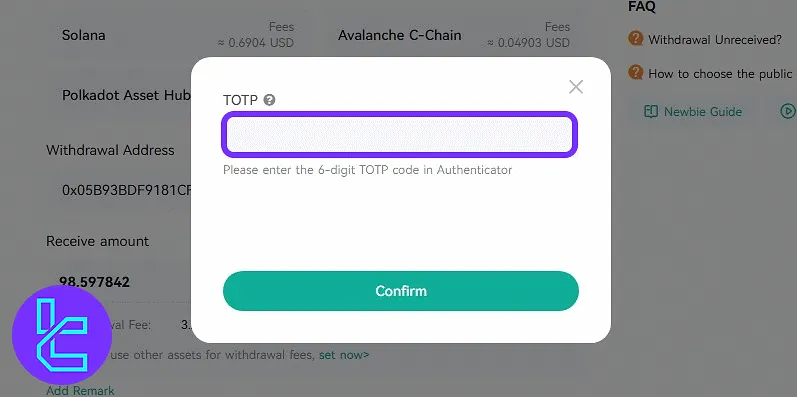 Entering TOTP code for CoinEx ERC20 USDT transaction
