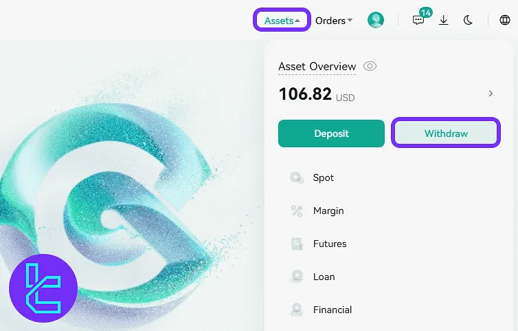 CoinEx interface for selecting Withdraw option from the Assets panel