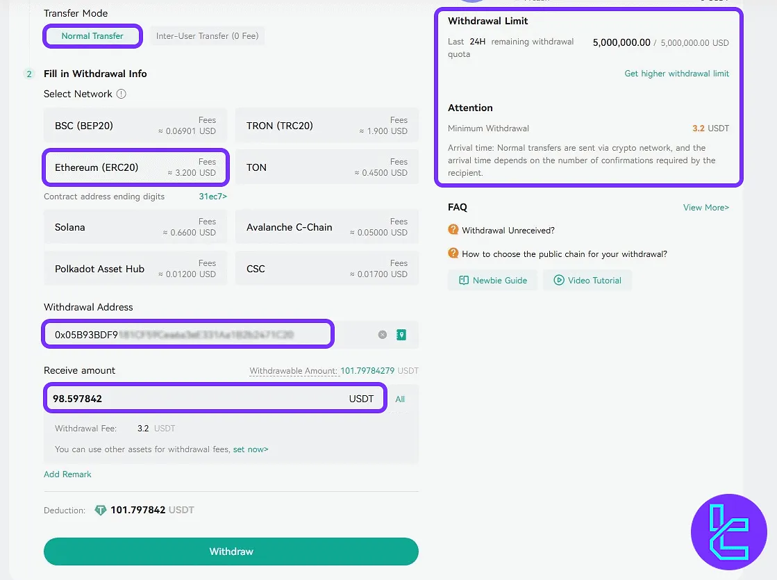 CoinEx USDT payout form with network, fee, and wallet address fields