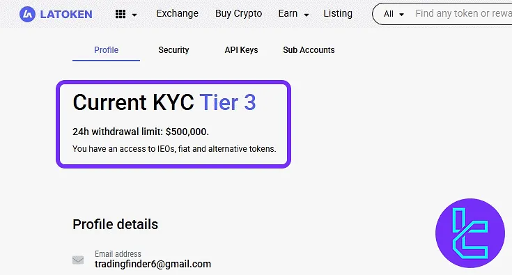 LATOKEN KYC Tier 3 status confirmation panel