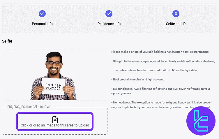 LATOKEN selfie upload screen with example and requirements
