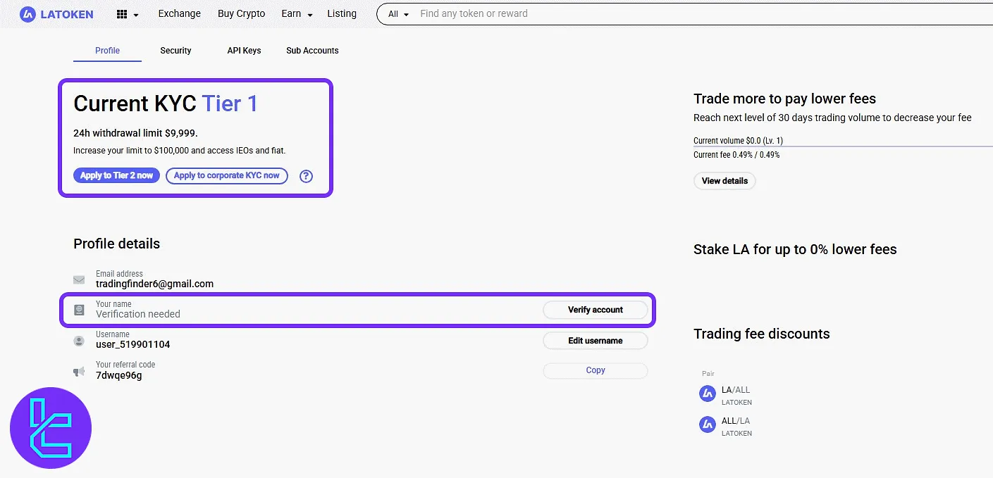 LATOKEN KYC status page with Tier info and confirmation button