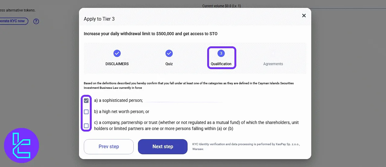 LATOKEN investor qualification category selection to proceed with the KYC process