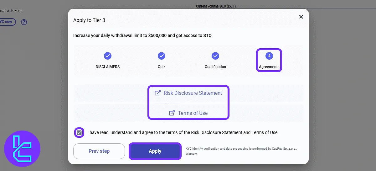 LATOKEN Tier 3 KYC agreement and policy acceptance screen