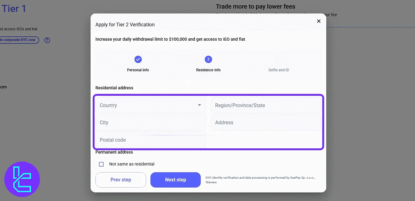 LATOKEN address input page in the KYC flow