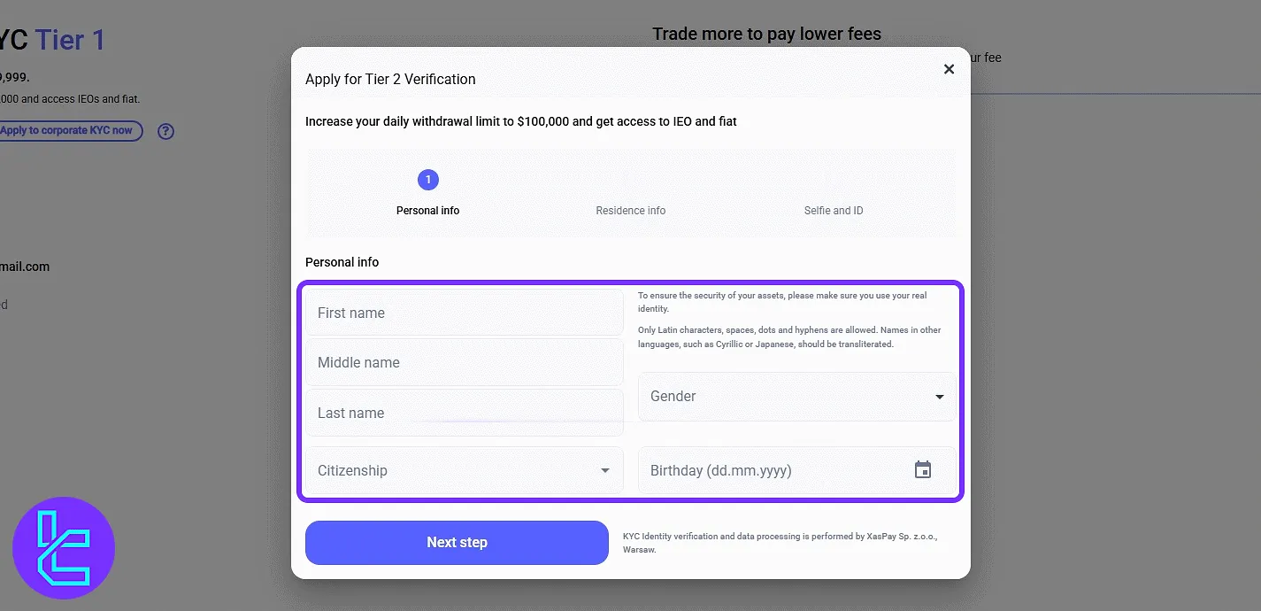 LATOKEN personal information form for ID approval