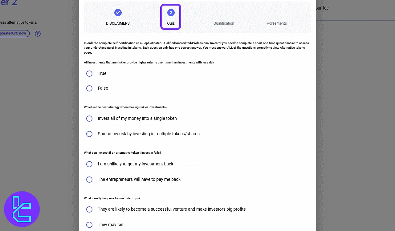 LATOKEN Tier 3 KYC eligibility quiz page with multiple-choice questions