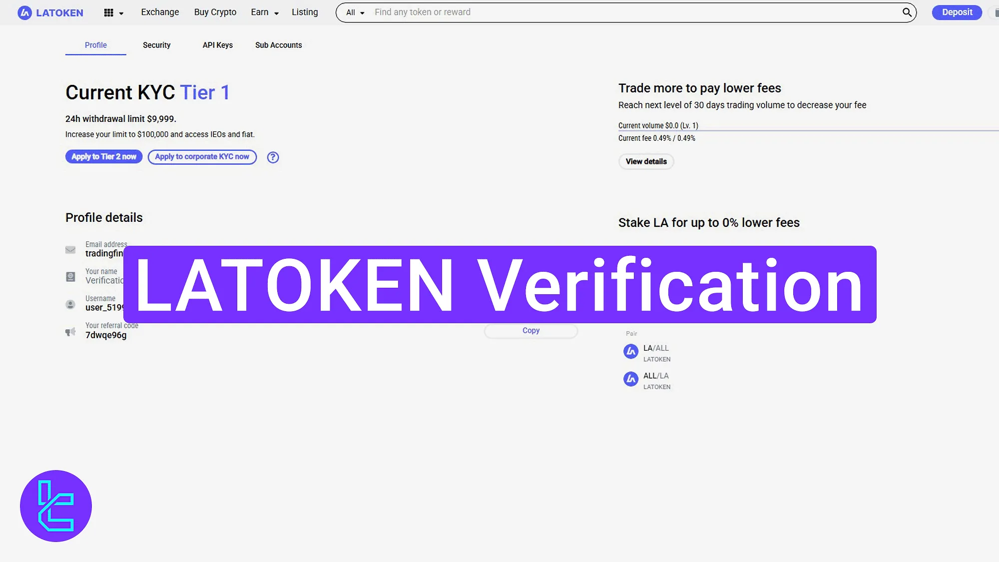 LATOKEN ID confirmation panel and current approval status