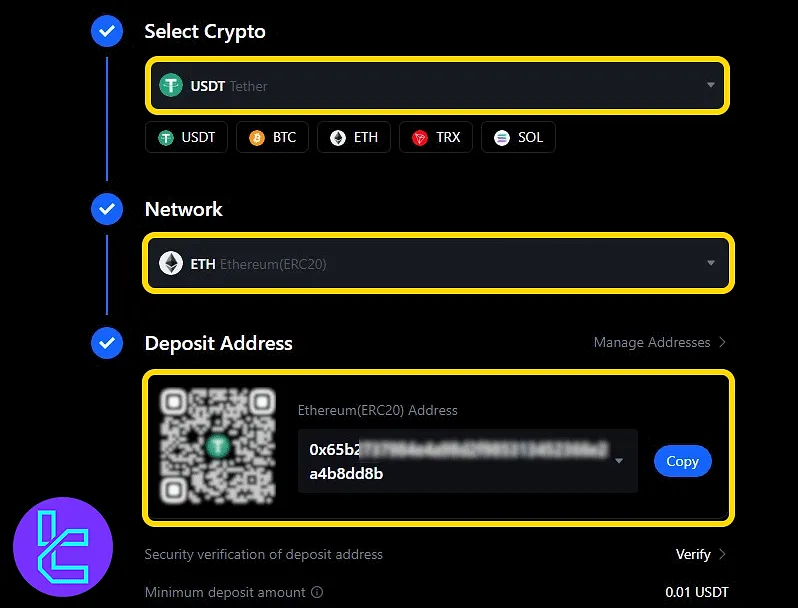 MEXC Tether USDT wallet setup with asset and chain selection