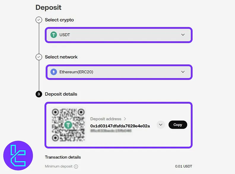 OKX ERC20 wallet setup showing USDT and network selection