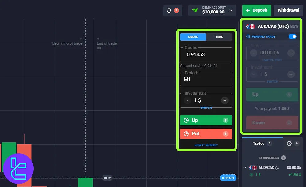 Quotex trading panel