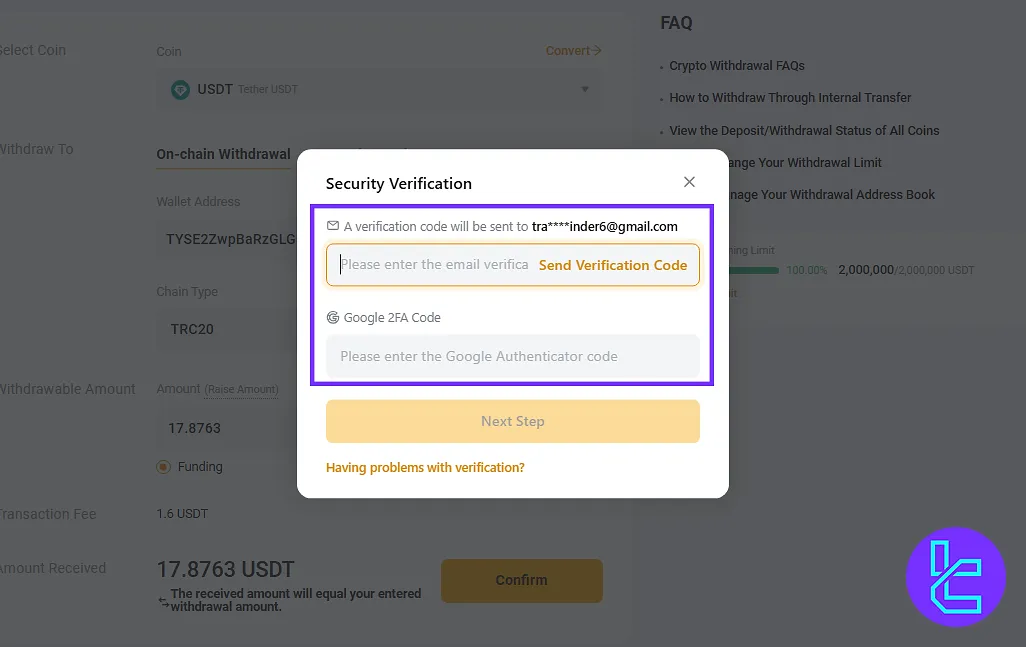 ByBit email verification for Tether TRC20 Withdrawal