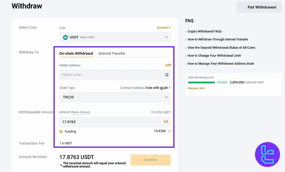 Inserting Tether TRC20 withdrawal amount and fee on ByBit