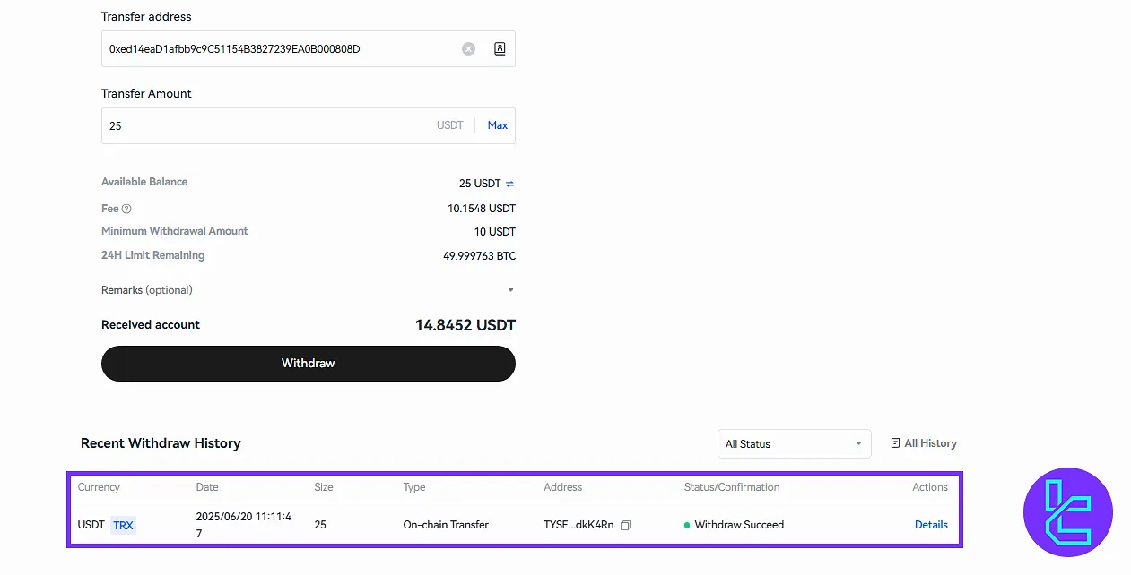 Toobit USDT ERC20 withdrawal history