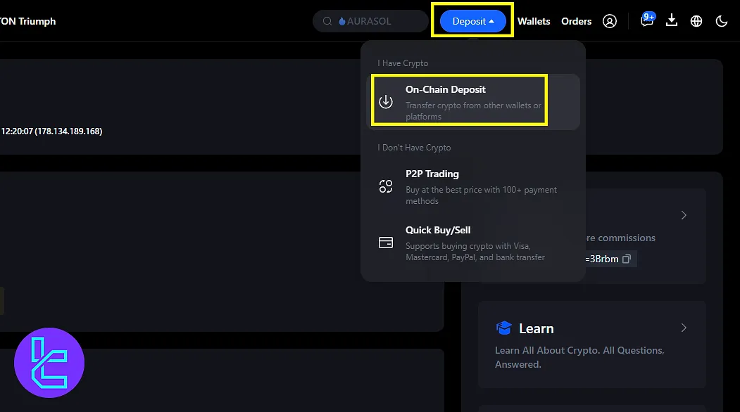 Accessing the on-chain option for MEXC withdrawal using Visa/Mastercard P2P