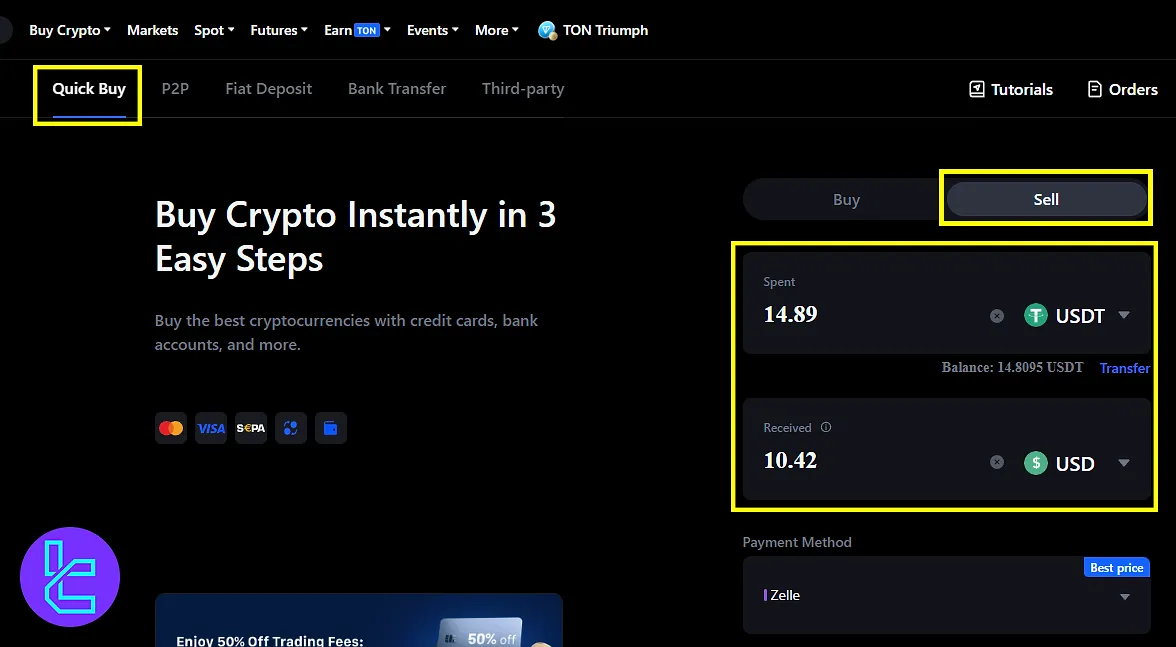 Navigate to sell for P2P Visa/MasterCard withdrawal on MEXC