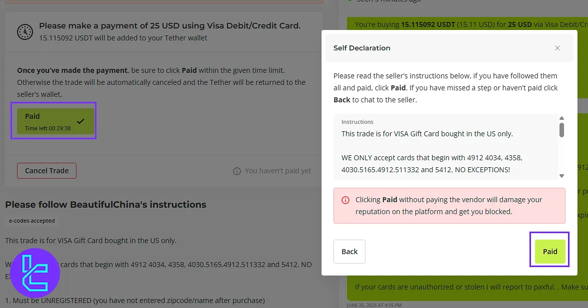 Confirming the payment in Paxful Visa/MasterCard deposit