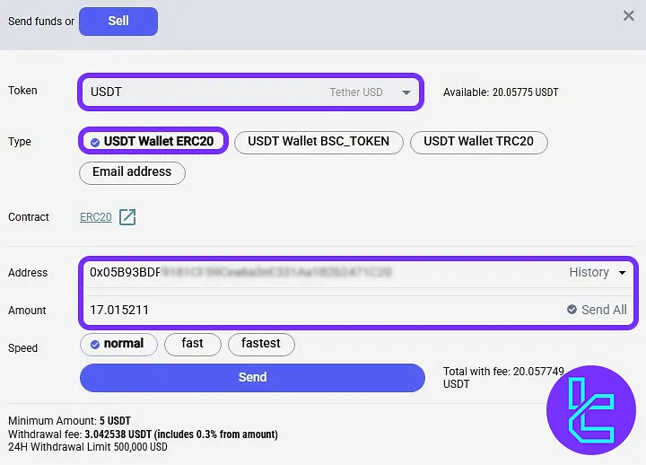 LATOKEN USDT ERC20 cash-out form with address and amount fields
