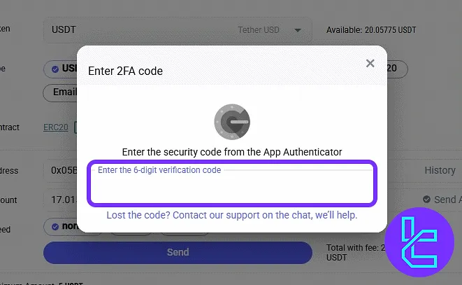 Entering 2FA code to approve LATOKEN USDT ERC20 payout