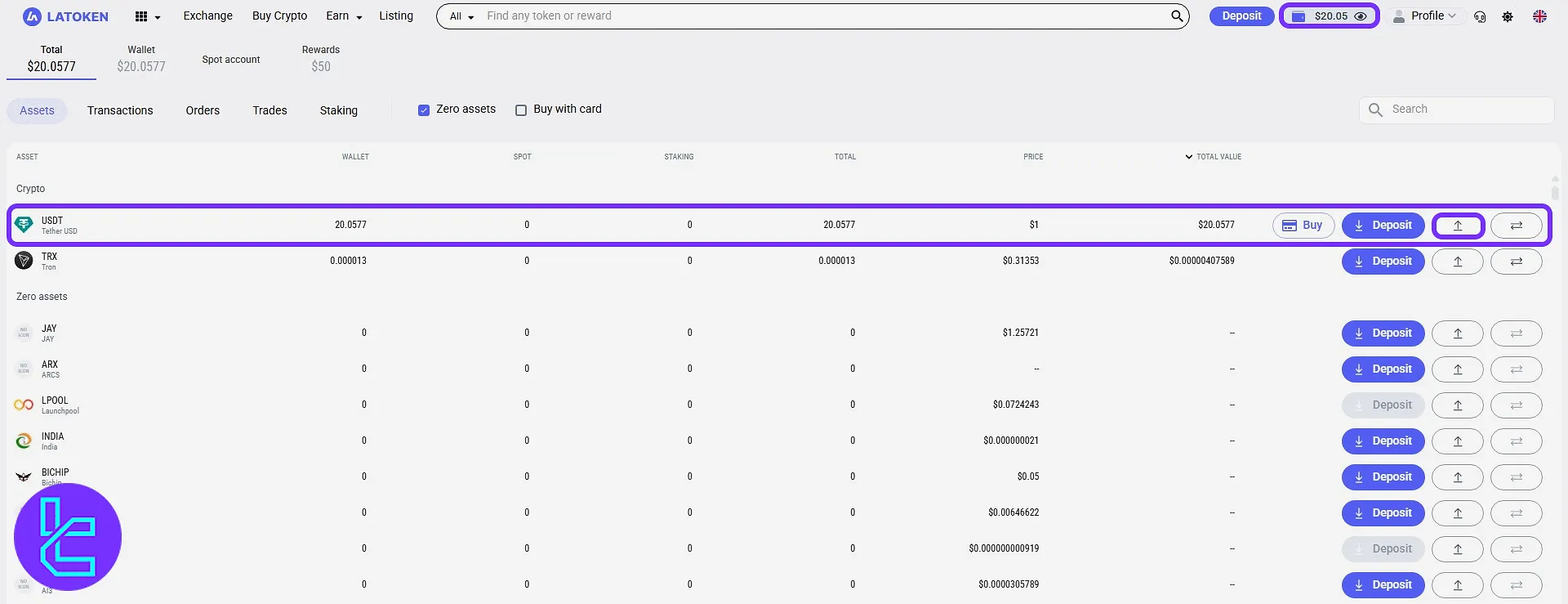 LATOKEN dashboard selecting Tether wallet for ERC20 cash-out