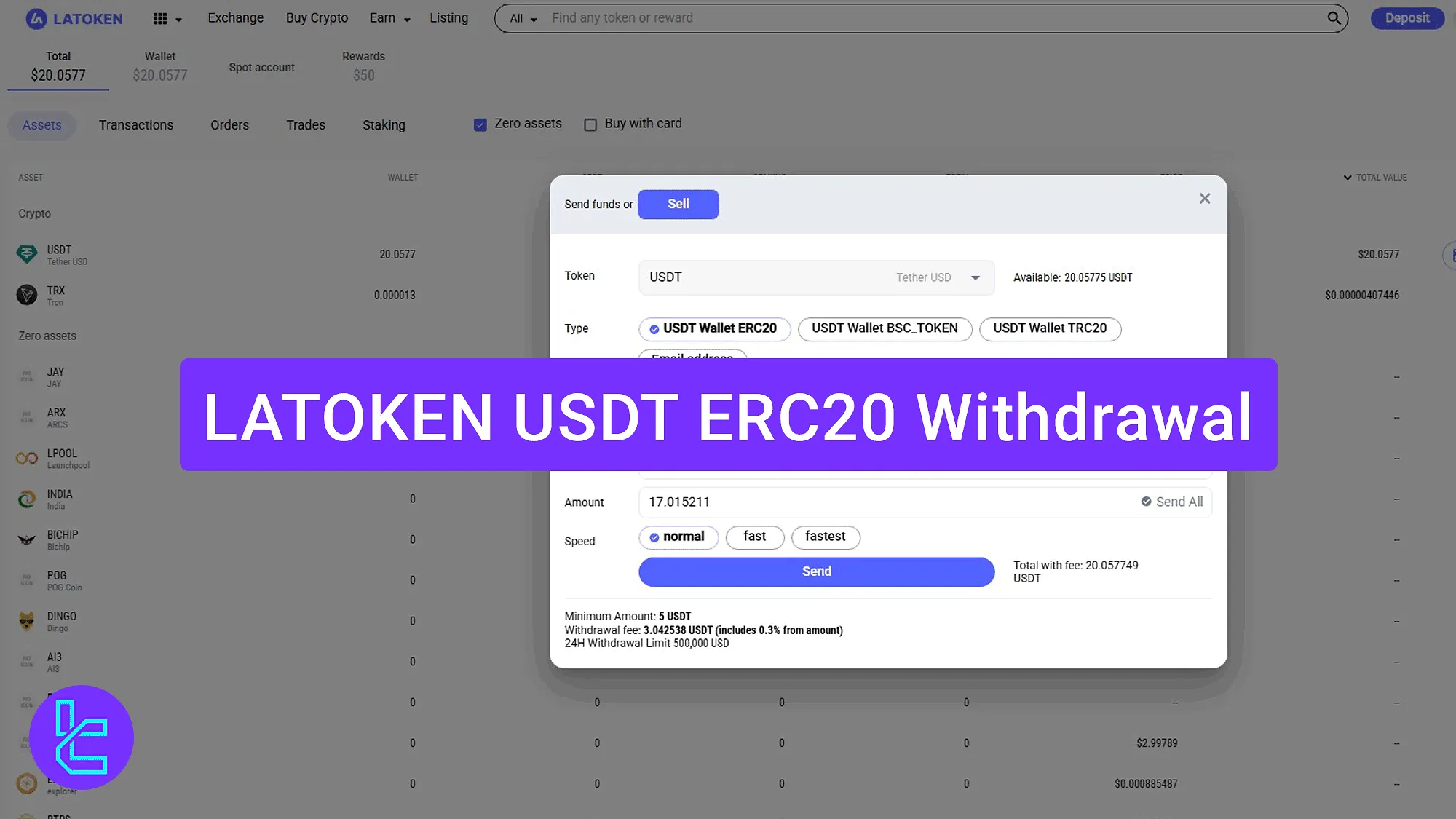 LATOKEN ERC20 USDT payout tutorial with fee and step details