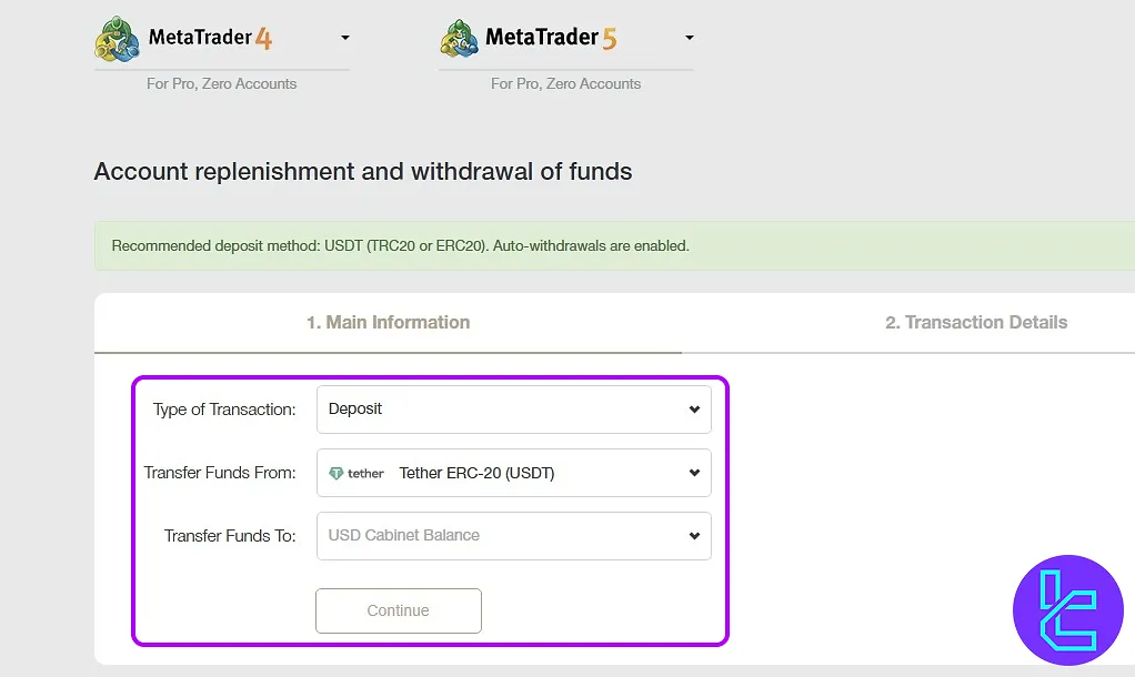 NordFX Tether ERC20 deposit setup