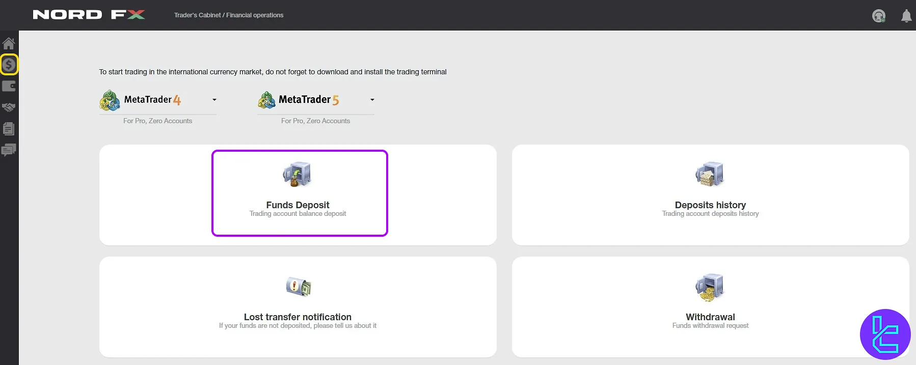 Log in and access the NordFX Tether ERC20 deposit menu