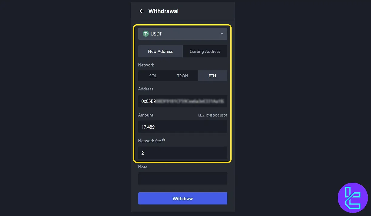 BitMEX USDT ERC20 cash out form