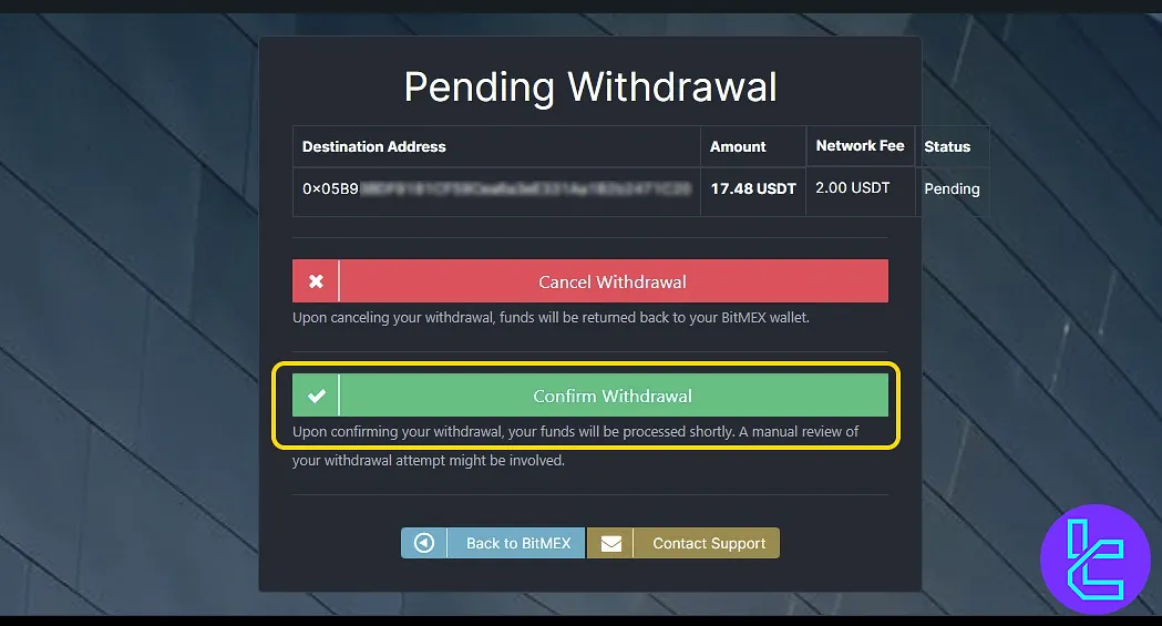 BitMEX USDT ERC20 payout confirmation email